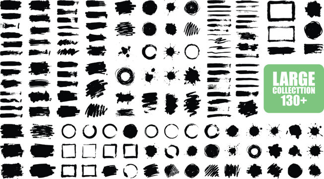 Large Collection Black Ink Brush Strokes, Grunge Textures, Splatters, Circles, Frames, and Abstract Elements for Creative Graphic Design Projects