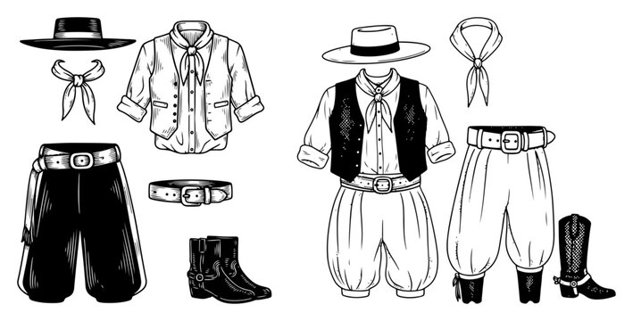Traditional South American gaucho clothing and accessories set in vintage woodcut engraving style