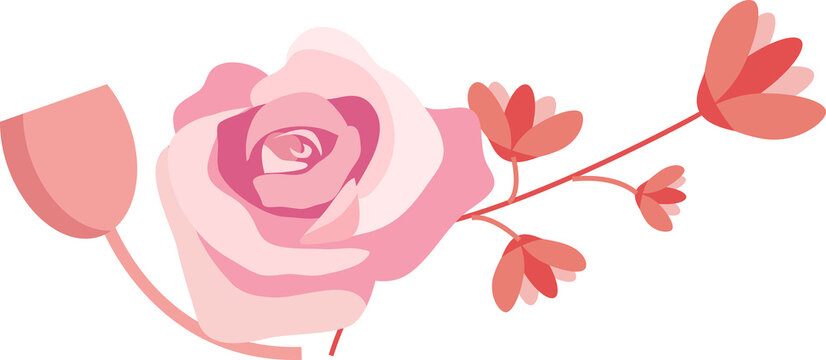 Minimalist Pink Rose and Coral Floral Branch Vector Illustration