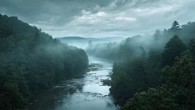 River cuts through a forested valley under a cloudy sky, a stone tower is barely visible