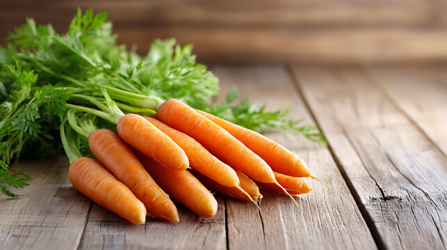 Fresh organic carrots with green tops on rustic wooden table, healthy natural food, farm harvest, raw vegetables.

