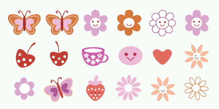 Colorful assortment of whimsical cartoon flowers butterflies and smiling objects