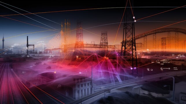 Urban landscape with communication lines and data flowing over buildings and infrastructure, symbolizing advanced technology, connectivity, and a modern energy network