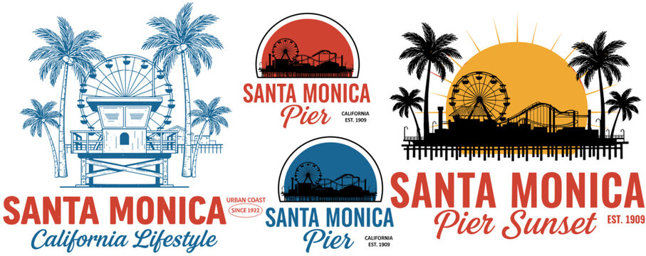 Santa Monica Pier California lifestyle vintage badge set with palm trees Ferris wheel and sunset silhouette, retro travel graphic vector illustration for t-shirt design