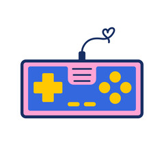 Sticker joystick and 2000 era equipment with distinct y2k fun. Aesthetic and 90s game culture vibrant scene featuring girl. Gamepad alongside stickers in pink for gamer. © alia.kurianova