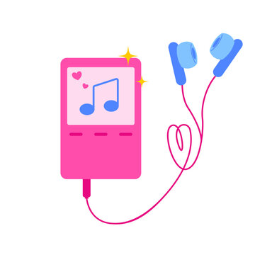 Player digital and retro mobile icon with y2k music aesthetic featuring. Mp3 headphones for listening and flat vector design punk and vintage. Style in blue with 90s microphone tv cd tape.