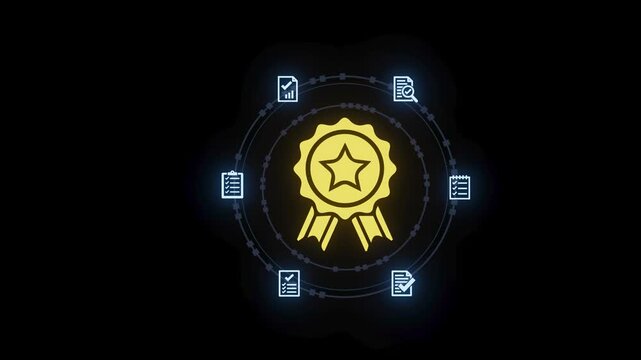Quality management system with icons representing processes and documentation for improved performance and standards in business settings.