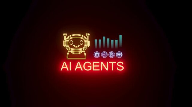 Digital display showing AI agents logo with neon lights and graphics in a dark space, emphasizing technology and innovation.