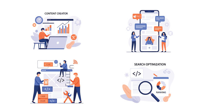 SEO optimization, digital marketing, vector icons, business workflow, content creation