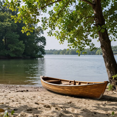 Obraz premium Sci-Fi Boat Green. Small Boat Resting On Sandy Lakeside Surrounded By Verdant Trees