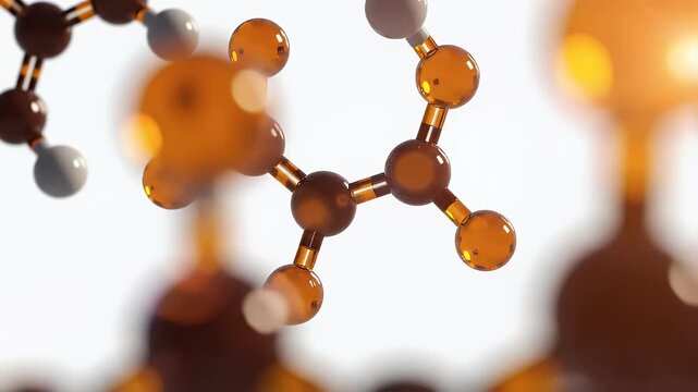 A close-up view showcases a complex molecular structure with amber-colored spheres and connecting rods.
