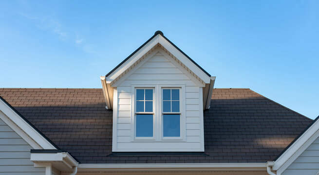 Close up of a white house roof with a dormer window against a clear blue sky in the daytime
