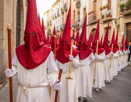 Procesi&oacute;n de Semana Santa con nazarenos de t&uacute;nica blanca y capirote rojo en calle urbana