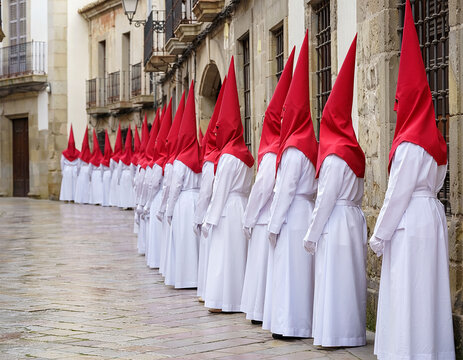 Procesi&oacute;n de Semana Santa con nazarenos de t&uacute;nica blanca y capirote rojo en calle urbana