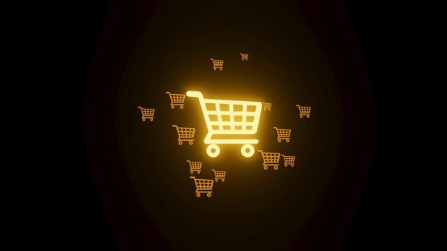 Shopping cart symbol on dark background with bright outlines showing multiple carts in a digital space.