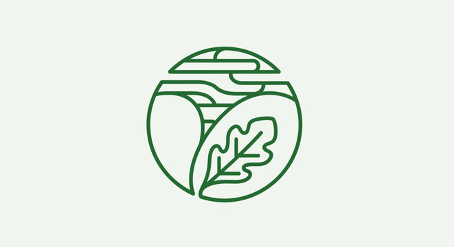 Green logo of a leafy landscape with wavy lines on a circular background