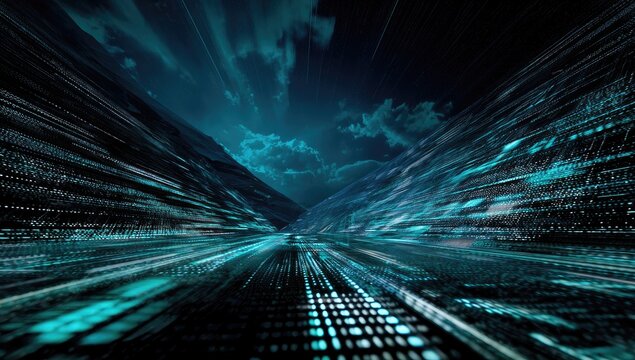 Digital landscape with streaks of data leading to mountains under a dramatic, cloudy sky