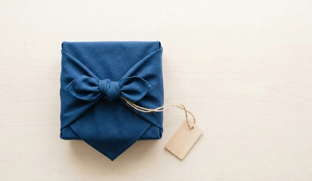 Top view flat lay of a gift neatly wrapped in a traditional Japanese Furoshiki cloth on a bright wooden table