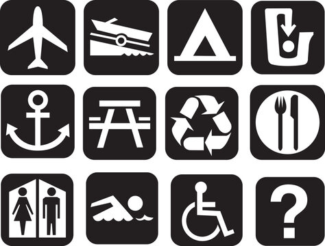 Accessibility Icon Set in Black and White, Modern Minimal 3x4 Grid with Travel, Leisure, and Public Symbols