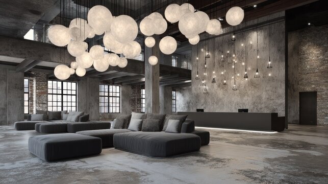 Expansive contemporary interior space features dramatic lighting fixtures and minimalist seating arrangements