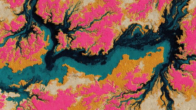 Textured alien landscape pattern displays vibrant topography with winding waterways