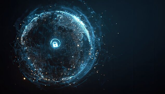 Digital representation of a globe, overlaid with network connections and a lock icon, on dark background