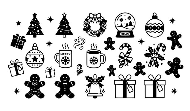 Stylized Christmas icon collection with tree wreath candy gingerbread and gift in outline and silhouette