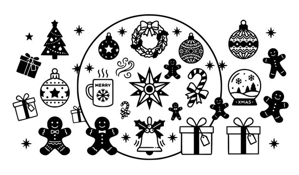 Modern Christmas icon set in circular layout with tree wreath snow globe candy and gift vector design