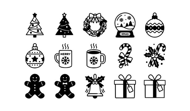 Christmas holiday icon set with tree wreath snow globe candy and gift outline and silhouette vector