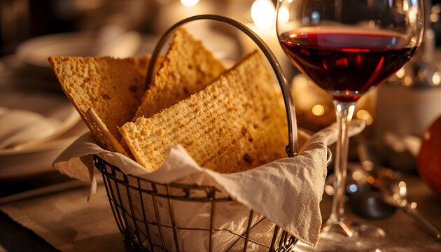 matzah bread in silver basket with red wine for passover dinner