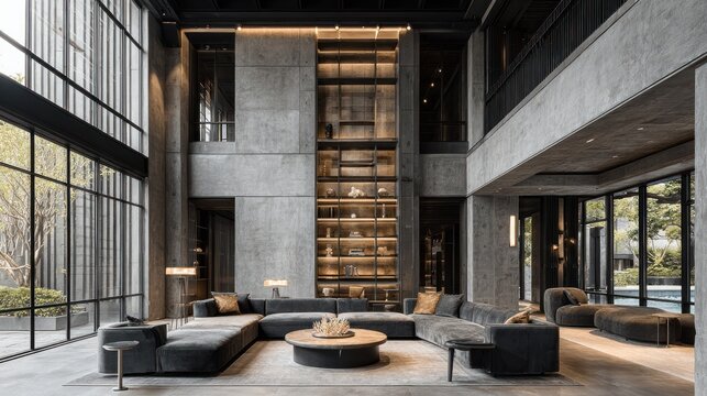 Expansive contemporary living area showcases brutalist concrete architecture and sophisticated interior design