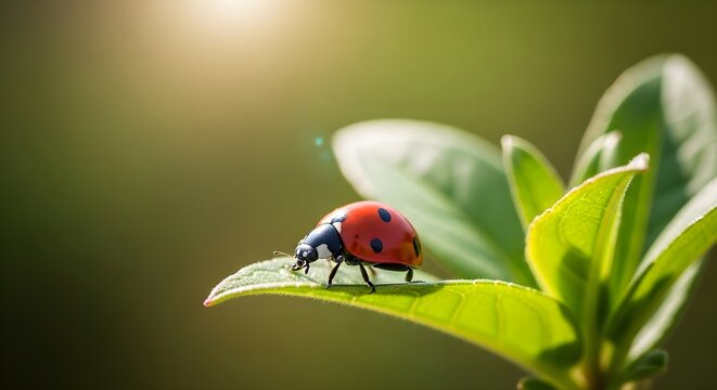 Scarlet Ladybug With Black Spots Perched Delicately on a Lush Green Leaf in Sunlight