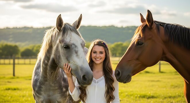 Young woman with horses in green field.