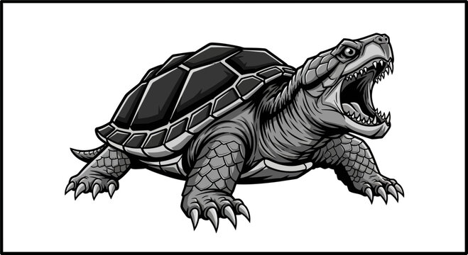 Fierce Alligator Snapping Turtle with Mouth Open, Aggressive Reptile Illustration