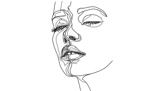Minimalist continuous line drawing depicts the partial profile of a serene female face