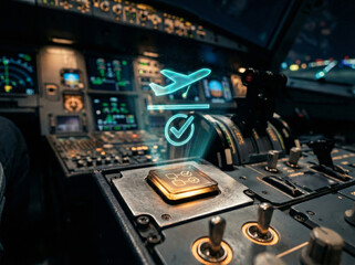 Fototapeta premium Smart airplane cockpit with holographic navigation and flight data