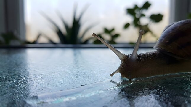 Snail's eyestalks intensely scanning a wet glass surface in sharp macro focus