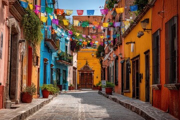 Naklejka premium Colorful street scene with buildings, cobblestone road, and festive paper banners