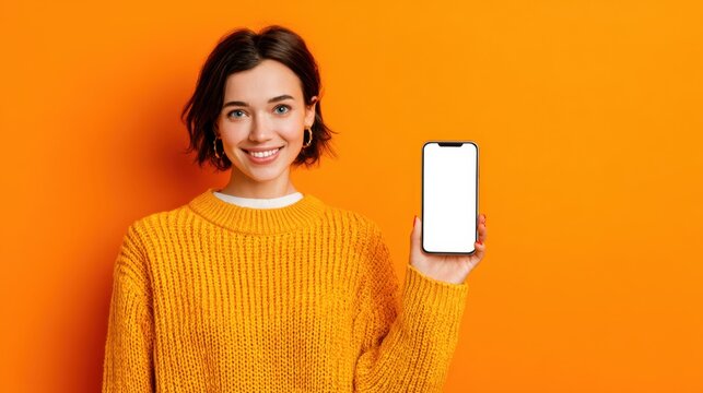 Young woman holding smartphone with blank screen against orange background showcasing mobile technology and lifestyle