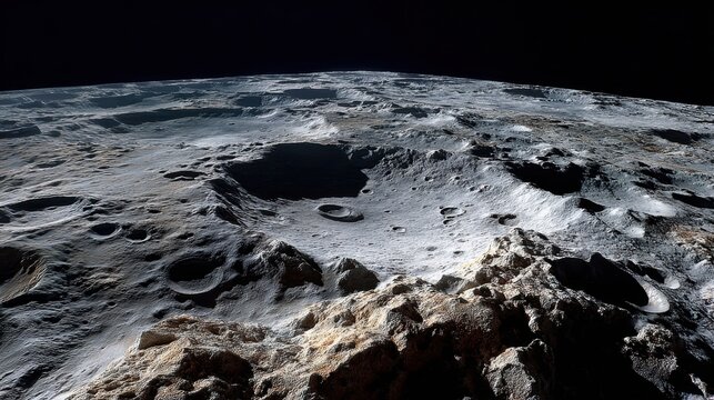 Lunar crater landscape with rugged moon surface and deep impact basins under space sky