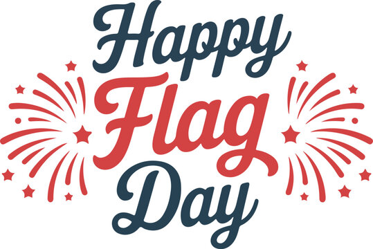 Happy flag day celebration greeting with festive red fireworks and stars on white background