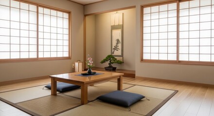 Fototapeta premium A serene Japanese room features a tatami mat floor and a low table with cushions. A bonsai tree and a small vase of flowers are placed on the table.