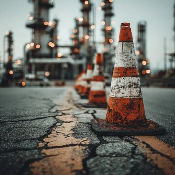 Rusty traffic cones line a cracked road near industrial towers at dusk