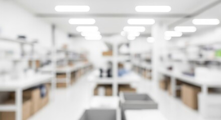 Fototapeta premium A blurred photograph captures a brightly lit library space. Rows of wooden bookshelves line the walls, filled with books and various items.