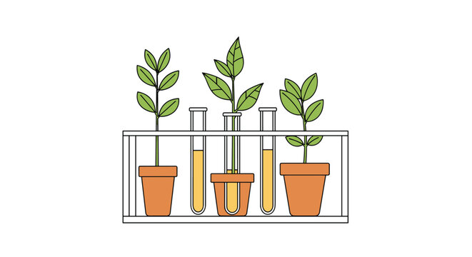 Minimalist illustration of green plants growing in terracotta pots and glass test tubes arranged on a white laboratory shelf.