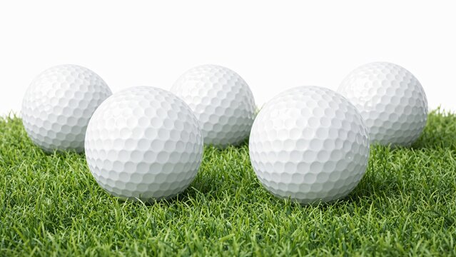 Group of golf balls on grass against a white background