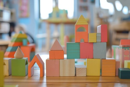 Colorful wooden blocks building structures kids playing nursery learning environment creative education toy concept