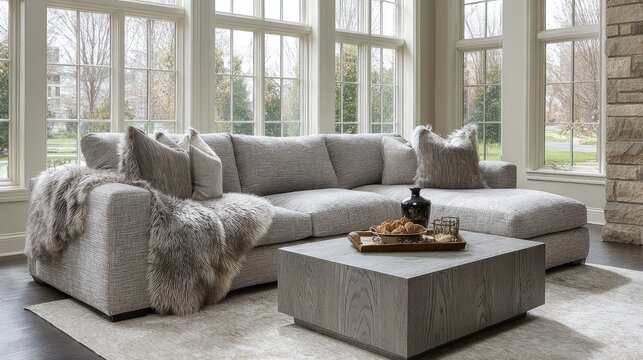 Contemporary living room features a large sectional sofa and square coffee table bathed in natural light