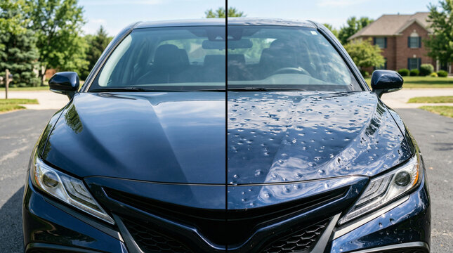 Comparison of clean car hood and severe hail damage dents
