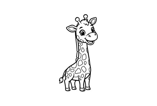 Cute cartoon giraffe coloring page vector in black and white with smiling animal character isolated on white background